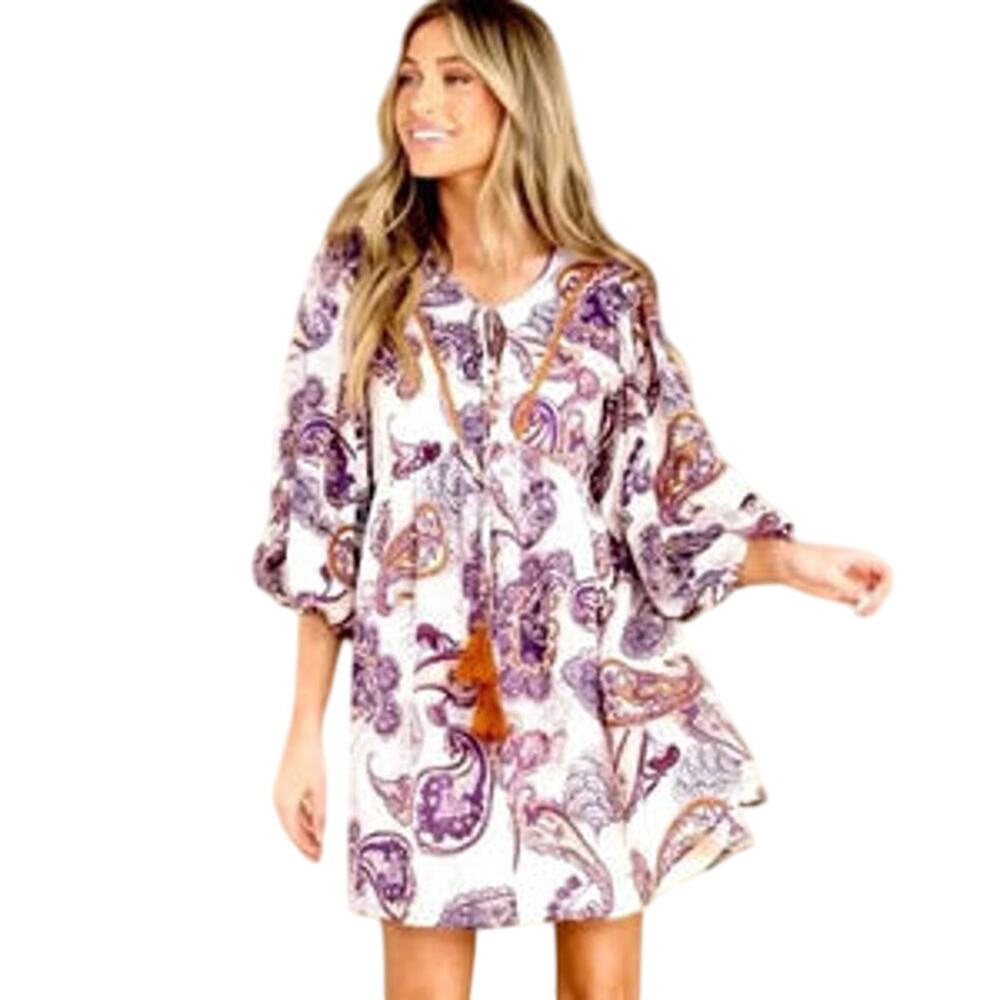 BAND OF THE FREE Boho Mini Dress SMALL Paisley Long Sleeve Babydoll NWT